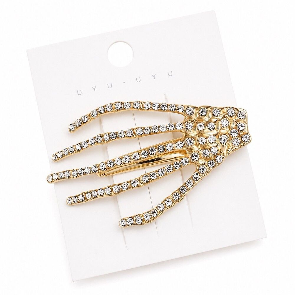 Gold Tone Rhinestone Skeleton Hand Hair Clip Gothic Halloween Barrette NEW